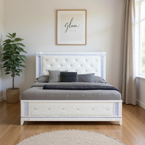 White Faux Crystal Bling Wood And Tufted Cotton Lighted King Bed Frame - 880016609080