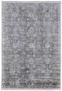 9' X 13' Gray and Silver Damask Power Loom Worn Faded Area Rug - 608219371111