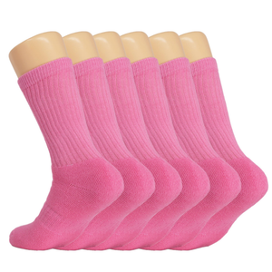 6 Pairs Women's Pink Cotton Crew Socks, Terry Cushion Foot - 742137052315