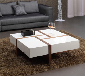 Modern White and Walnut Square Coffee Table with Storage - 606114576556