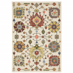 6' X 9' Ivory Yellow Rust Green Grey Pink Orange Blue And Grey Oriental Power Loom Stain Resistant Area Rug With Fringe - 606114605249 6' X 9' Ivory Yellow Rust Green Grey Pink Orange Blue And Grey Oriental Power Loom Stain Resistant Area Rug With Fringe - 606114605249