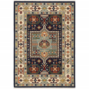 Homeroots Home Decor 6' x 9' Blue and Ivory Machine Woven Medallion Indoor Area Rug