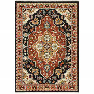 Homeroots Home Decor 6' x 9' Oriental Area Rug, Black Orange Beige, Power Loom Stain Resistant