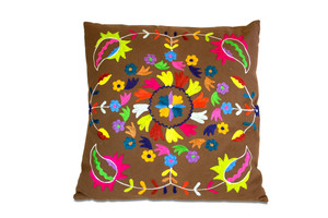 Set of Two 20" Brown And Pink Floral Cotton Throw Pillows with Embroidery - 880024670591