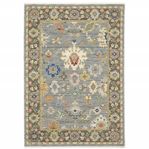 Homeroots Home Decor 6' x 9' Oriental Area Rug, Blue Grey Gold Green Pink Orange Ivory and Red, Power Loom Stain Resistant, With Fringe