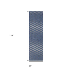 10' Blue And Ivory Geometric Indoor Outdoor Runner Rug - 880016400533