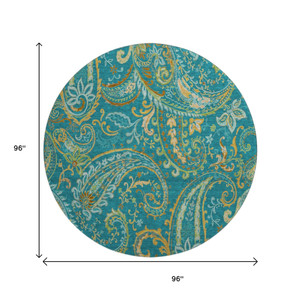 8' Teal Green And Gold Paisley Distressed Washable Round Rug With UV Protection - 880024642208