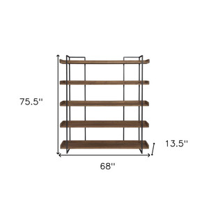 76" Brown and Black Metal and Wood Five Tier Bookcase - 606114705635