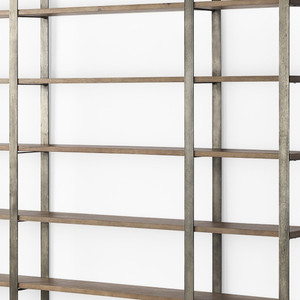 90" Brown Distressed Metal and Solid Wood Six Tier Bookcase - 808230023710