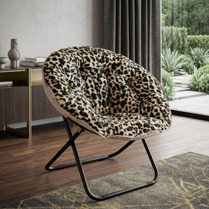 33" Beige Brown And Tufted Faux Fur and Metal Leopard Folding Lounge Chair - 880024778624