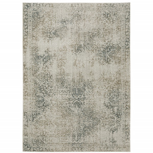 10' X 13' Grey Beige And Teal Oriental Power Loom Stain Resistant Area Rug - 606114588047