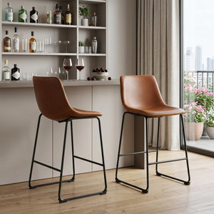 Set of Two 29" Brown and Black Faux Leather and Aluminum Bar Height Bar Chairs - 880016831764