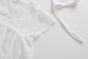 Baby Girls Solid Color Hollow Design V Collar Sleeveless Onesies Dress In Summer With Hat - 643491121399