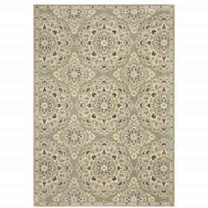 Homeroots Home Decor 10' x 13' Ivory Blue and Sage Floral Power Loom Stain Resistant Area Rug, Ivory Blue and Sage Color, Rectangle Shape