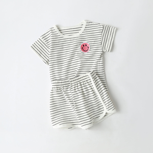 Baby Smiley Patched Pattern Striped Graphic Tee Combo Shorts Sets - 643491114261