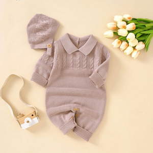 Baby Solid Color Crochet Knit Design Lapel Knit Jumpsuit - 643491110904