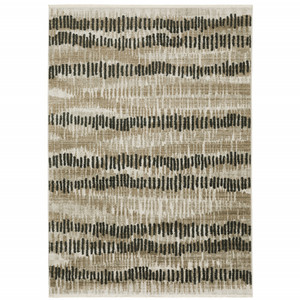 Homeroots Home Decor 10' x 13' Abstract Area Rug, Beige Ivory Charcoal Brown Tan and Grey, Power Loom Stain Resistant with Fringe
