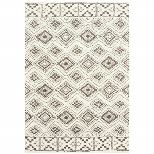 Homeroots Home Decor 10' x 13' Geometric Shag Power Loom Stain Resistant Area Rug, Ivory and Brown