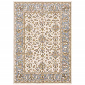 Homeroots Home Decor 10' x 13' Ivory and Blue Oriental Power Loom Stain Resistant Area Rug with Fringe