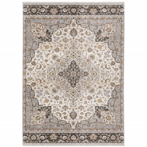 Homeroots Home Decor Ivory and Blue Oriental Power Loom Stain Resistant Area Rug With Fringe 8' x 11'