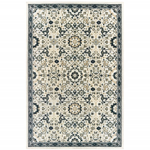 8' X 11' Ivory Navy And Gold Oriental Power Loom Stain Resistant Area Rug - 606114594147