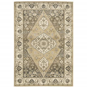 10' X 13' Beige Grey Tan And Charcoal Oriental Power Loom Stain Resistant Area Rug - 606114600473