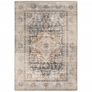 Homeroots Home Decor 9' x 12' Gray and Blue Machine Woven Medallion Indoor Area Rug
