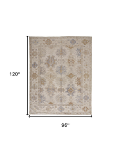 8' X 10' Ivory Tan And Blue Floral Hand Knotted Area Rug