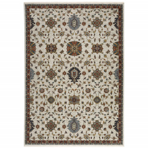 Homeroots Home Decor 10' x 13' Oriental Area Rug, Beige Rust Red Blue Gold Grey, With Fringe