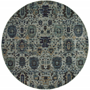 Homeroots Home Decor 8' Round Oriental Area Rug, Blue and Navy, Power Loom Stain Resistant