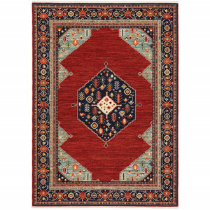 Homeroots Home Decor Oriental Area Rug, Red Blue Orange and Ivory, 6' x 9' with Fringe