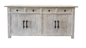 79" White Distressed Solid Wood Paneled Four Drawer Sideboard with Four Doors