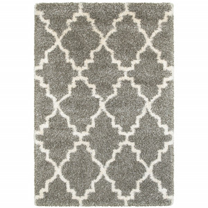 Homeroots Home Decor 10' x 13' Grey and Ivory Geometric Shag Area Rug, Stain Resistant