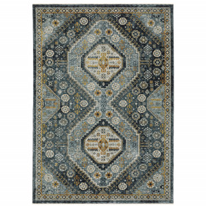 Homeroots Home Decor Oriental Area Rug Red Ivory Blue Navy Gold Grey Power Loom Stain Resistant 10' x 13'