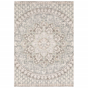 Homeroots Home Decor 9' x 12' Ivory Grey Distresed Oversize Medallion Indoor Area Rug