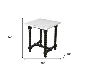 24" White and Black Marble and Solid Wood Square Trestle End Table