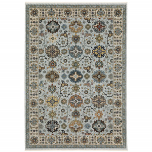 Homeroots Home Decor 10' x 13' Oriental Power Loom Stain Resistant Area Rug, Blue Beige Grey Green Yellow And Rust, With Fringe