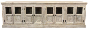 118" Antiqued White Distressed Solid Wood Sideboard with 8 Glass Doors