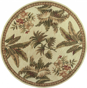8' Ivory Hand Tufted Bordered Tropical Plants Round Indoor Area Rug