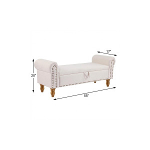 55" Beige and Brown Linen and Solid Wood Upholstered Storage Bench With Flip Top