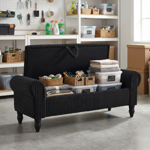 55" Black Corduroy and Solid Wood Upholstered Storage Bench With Flip Top