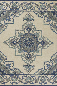 8'x10' Ivory Blue Hand Hooked UV Treated Floral Medallion Indoor Outdoor Area Rug