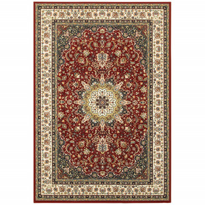 Homeroots Home Decor 7' x 10' Red and Ivory Machine Woven Oriental Indoor Area Rug
