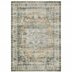 Homeroots Home Decor 7' x 10' Oriental Printed Area Rug, Blue Gold Brown Green and Salmon, Stain Resistant
