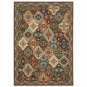 homeroots home decor 5' X 8' Oriental Area Rug, Red Rust Navy Light Blue Brown Orange Ivory Gold, With Fringe