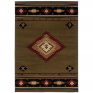 5' X 8' Green Southwestern Power Loom Stain Resistant Area Rug