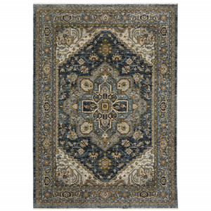 Homeroots Home Decor 6' x 9' Oriental Power Loom Stain Resistant Area Rug, Blue Taupe Grey Green Rust Tan Beige and Gold, with Fringe