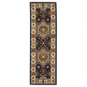 Homeroots Home Decor 12' Blue and Ivory Machine Woven Medallion Indoor Runner Rug