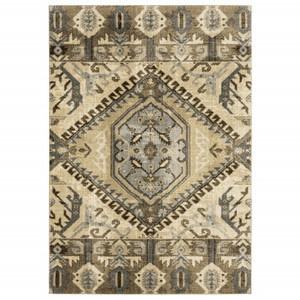 Homeroots Home Decor 5' x 8' Tan and Gold Central Medallion Indoor Area Rug