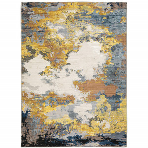 Homeroots Home Decor 6' x 9' Abstract Area Rug, Yellow Gold Blue Grey Brown Beige, Power Loom Stain Resistant